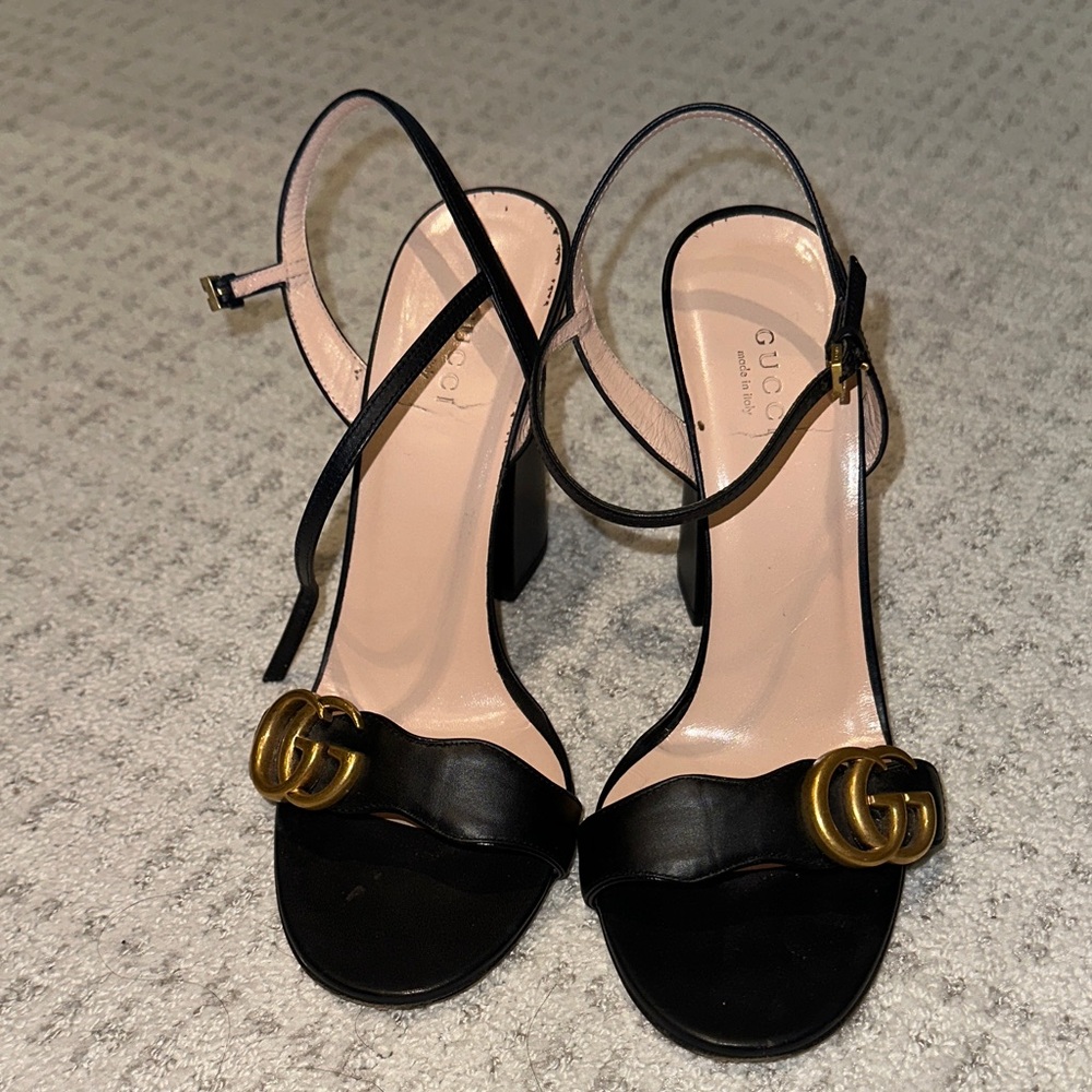 Gucci Marmont Black Heels with Gold Accents